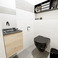 MONDIAZ OLAN Toiletmeubel 40x30x40cm met 0 kraangaten 1 lades washed oak mat Wastafel Lex links Solid Surface Zwart FK75343016
