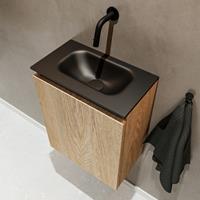 MONDIAZ TURE Toiletmeubel 40x23x50cm met 0 kraangaten 1 deuren washed oak mat Wastafel Eden midden Solid Surface Zwart FK75341622