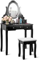 costway Kaptafel Set Make-up Tafel en Stoel Set met 360 Graden Draaibare Ovale Spiegel Vijf Opberglades Zwart