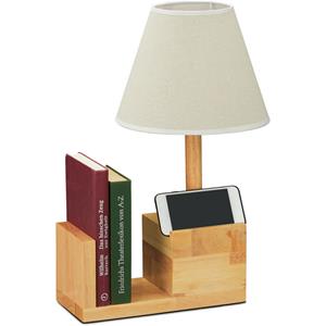 RELAXDAYS Tischlampe Holz, Stoffschirm, E27 Fassung, mit Buchstütze & Handyhalter, Tischleuchte Wohnzimmer, natur/creme