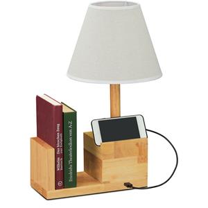 RELAXDAYS Tischlampe Holz, mit USB-Anschluss, Buchstütze & Handyhalter, E27, Nachttischlampe, Stoffschirm, natur/creme