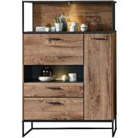 LOMADOX Highboard im Industrial look in Haveleiche Cognac mit graphit MINNEAPOLIS-55 inkl. LED-Beleuchtung, B/H/T ca: 99/151/38 cm