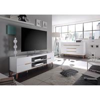 LOMADOX Wohnzimmermöbel Set TV Lowboard und Sideboard CERVERA-05 in weiß matt lackiert mit furniertem Massivholz in Asteiche geölt