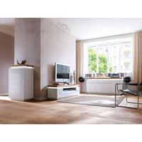 LOMADOX Wohnzimmermöbel modern ROSARNO-05 Set in weiß matt lackiert mit Eiche massiv geölt und Beleuchtung