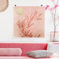 Klebefieber Poster Goldene Sonne mit Rosa Bambus