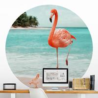 Bilderwelten Runde Fototapete selbstklebend Strand mit Flamingo