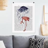 Bilderwelten Poster Spruch - Hochformat Tierlektüre - Flamingo mit Regenschirm