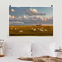 Klebefieber Poster Nordsee Leuchtturm mit Schafsherde