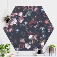 Bilderwelten Hexagon Mustertapete selbstklebend Altmeisterliche Blüten mit Tulpen und Rosen auf Dunkelgrau