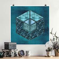 Klebefieber Poster Blaues Hexagon mit Goldkontur