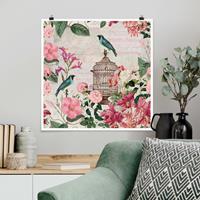 Klebefieber Poster Shabby Chic Collage - Rosa Blüten und blaue Vögel
