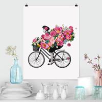 Klebefieber Poster Illustration Frau auf Fahrrad Collage bunte Blumen