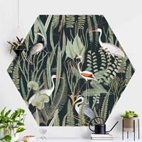 Bilderwelten Hexagon Mustertapete selbstklebend Flamingos und Störche mit Pflanzen auf Grün