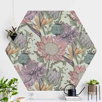 Bilderwelten Hexagon Mustertapete selbstklebend Florale Eleganz in Pastell auf Mint XXL