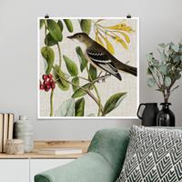 Bilderwelten Poster Blumen - Quadrat Vogel auf Leinen Gelb II