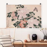 Klebefieber Poster Katsushika Hokusai - Rosa Pfingstrosen mit Schmetterling