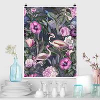 Bilderwelten Poster Bunte Collage - Pinke Flamingos im Dschungel
