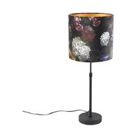 QAZQA Tischlampe schwarz mit Veloursschirm Blumen mit Gold 25 cm - Parte