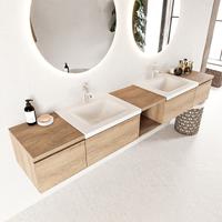 Mondiaz Bukla 240cm badmeubel met open module 40 midden Washed Oak met 4 lades wastafel Cloud dubbel 2 kraangaten Talc