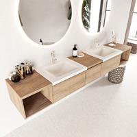 Mondiaz Bukla 240cm badmeubel met open module 40 L+R Washed Oak met 3 lades wastafel Cloud dubbel 2 kraangaten Talc