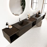 Mondiaz Bukla 280cm badmeubel met open module 40 L+M+R Dark Brown met 2 lades wastafel Cloud dubbel 2 kraangaten Urban