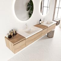 Mondiaz Bukla 240cm badmeubel met module 40 rechts Washed Oak met 4 lades wastafel Cloud dubbel 2 kraangaten Talc