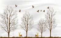 Papermoon Fototapete »Bäume mit Hirschen und Vögeln«, samtig, Vliestapete, hochwertiger Digitaldruck, inklusive Kleister
