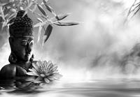 Papermoon Fototapete »Buddah Figur mit Blume Schwarz & Weiß«, samtig, Vliestapete, hochwertiger Digitaldruck, inklusive Kleister