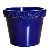 Gartentraum.de Winterfester Pflanztopf mit schöner Olivenblatt-Verzierung - Blau - Rund - Keramik - Olea Azur / 32x40cm (HxDm)