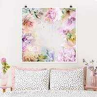 Bilderwelten Poster Blumen - Quadrat Aquarell Blütenmix Pastell