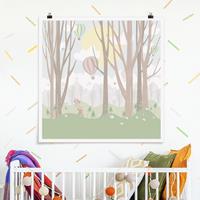 Bilderwelten Poster Kinderzimmer - Quadrat Sonne mit Bäumen und Heißluftballons