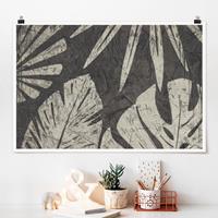 Bilderwelten Poster Kunstdruck - Querformat Palmenblätter vor Dunkelgrau