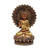 Spiru Boeddha Beeld Geruststelling met aura en troon - 18.5 cm