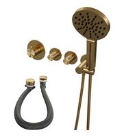 Brauer Gold Carving thermostatische inbouw badkraan SET 02 met badvulcombinatie en 3-standen handdouche en doucheslang en wandaansluitbocht goud geborsteld PVD