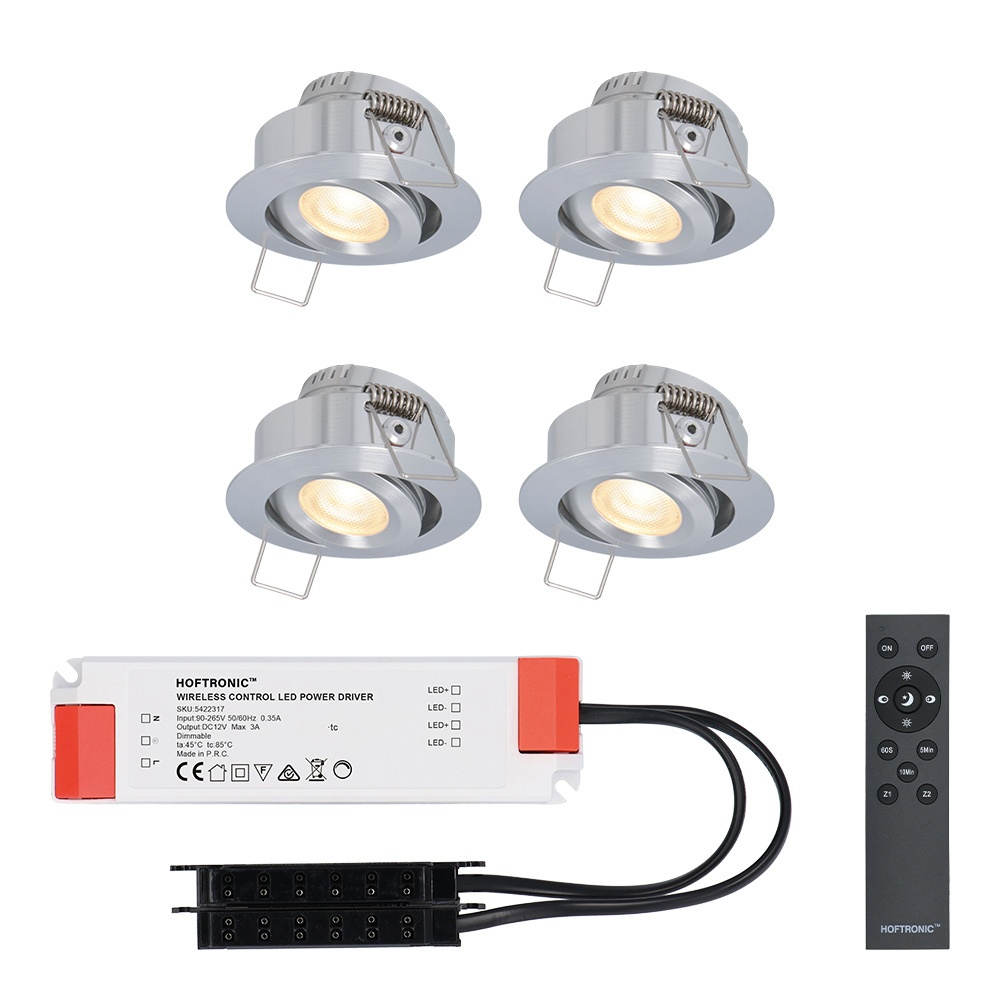 HOFTRONIC™ Sienna - 4x inbouwspots veranda - Dimbaar LED - Complete set met afstandsbediening - Kantelbaar - Plug & Play - 12 Volt 3 watt - 2700K 200 lumen - IP44 - RVS