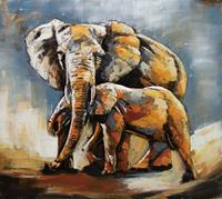 Wandschilderij metaal Moeder olifant met jong