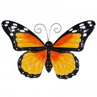 Wanddecoratie metalen vlinder oranje met bewegende vleugels