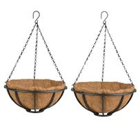 Esschert Design 2x stuks metalen hanging baskets / plantenbakken met ketting 30 cm inclusief kokosinlegvel