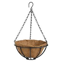 Esschert Design Metalen hanging basket / plantenbak zwart met ketting 25 cm inclusief kokosinlegvel - Hangende bloemen