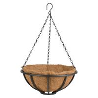 Esschert Design Metalen hanging basket / plantenbak zwart met ketting 30 cm inclusief kokosinlegvel - Hangende bloemen
