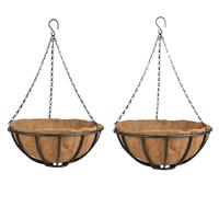 Esschert Design 2x stuks metalen hanging baskets / plantenbakken met ketting 35 cm inclusief kokosinlegvel