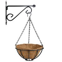 Esschert Design Hanging basket 25 cm met metalen muurhaak en kokos inlegvel - Complete hangmand set van gietijzer