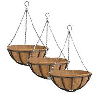 Esschert Design 3x stuks metalen hanging baskets / plantenbakken met ketting 35 cm inclusief kokosinlegvel