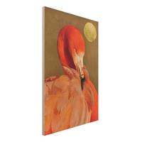 Bilderwelten Holzbild Goldener Mond mit Flamingo