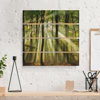 Bilderwelten Holzbild Plankenoptik Natur & Landschaft - Quadrat Sonnentag im Wald