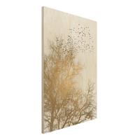 Bilderwelten Holzbild Vogelschwarm vor goldenem Baum