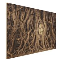 Bilderwelten Holzbild Spirituell - Querformat 3:2 Buddha in Ayutthaya von Baumwurzeln gesÃumt in Braun