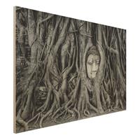 Bilderwelten Holzbild Schwarz-WeiÃŸ - Querformat 3:2 Buddha in Ayutthaya von Baumwurzeln gesÃumt in SchwarzweiÃŸ