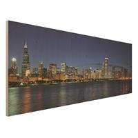 Bilderwelten Holzbild Architektur & Skyline - Panorama Chicago Skyline bei Nacht