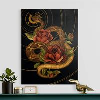 Bilderwelten Leinwandbild Gold Schlange mit Rosen Schwarz und Gold I